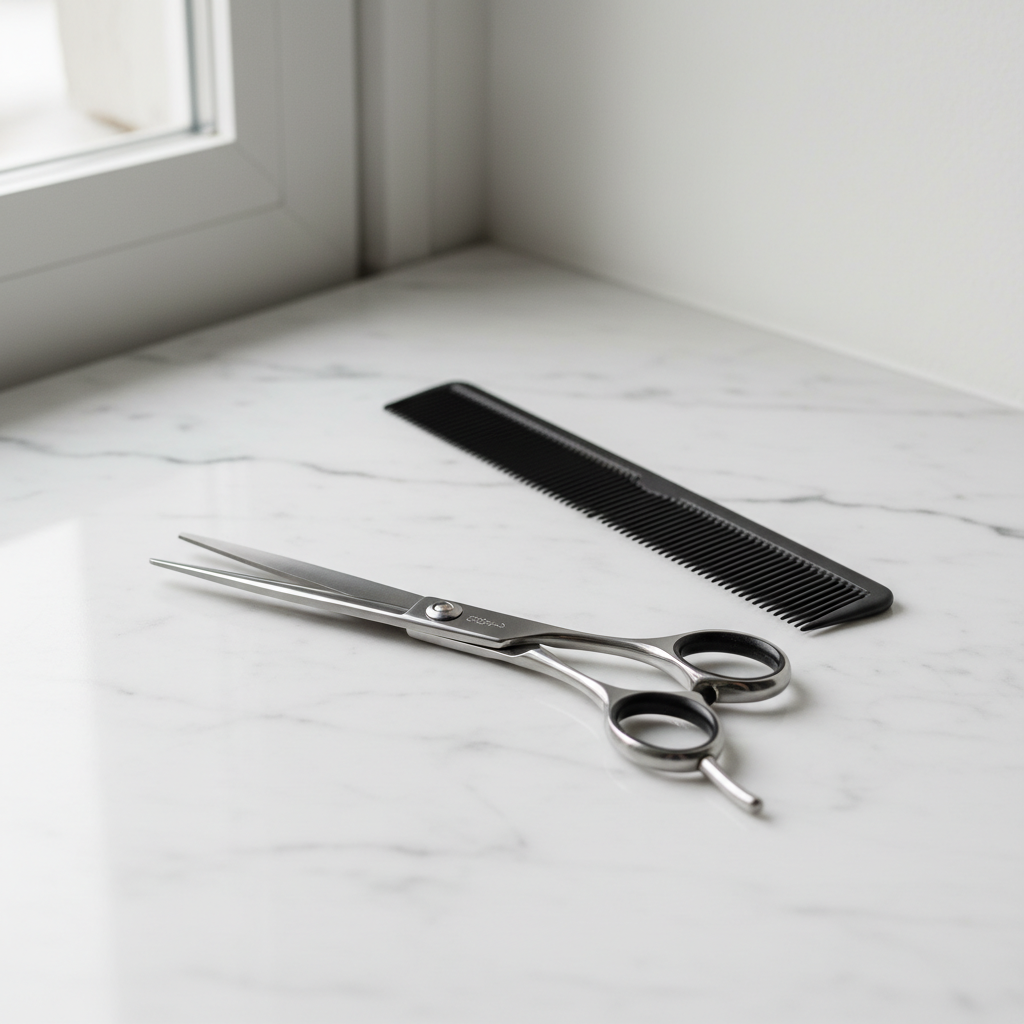 Professional hairdressing scissors and comb on a marble surface